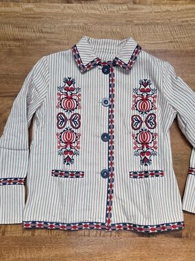 Max Studio Red, Navy & White Striped Embroidered Blazer